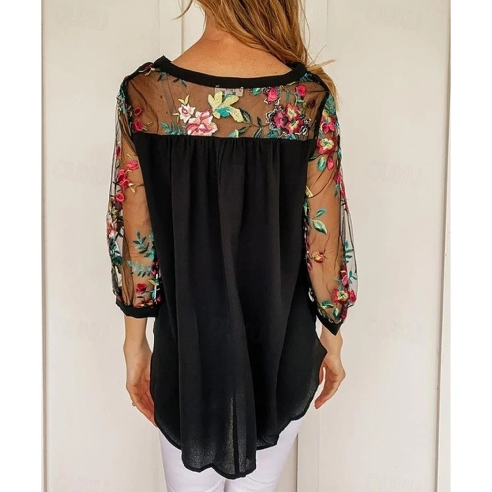 Umgee Black Top with Floral Embroidered Sheer Sleeves - Picture 2 of 11